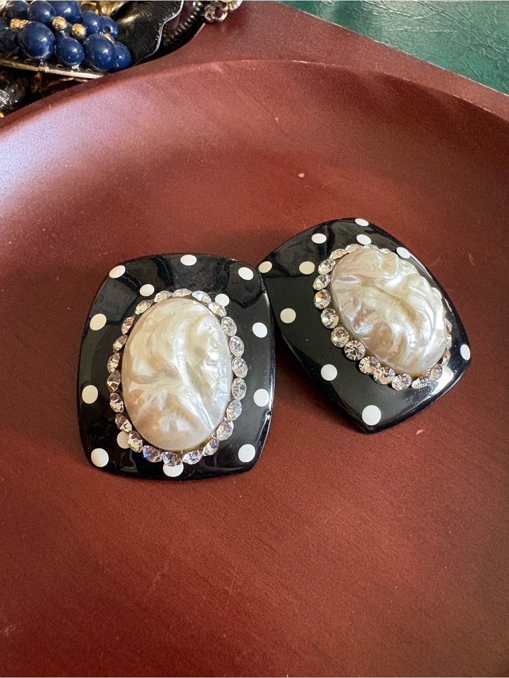1980s/90s Vintage Polka Dot Black & Pearl Statement Post Earrings - Unbranded